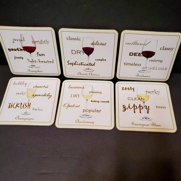 Wine Theme Coasters, Set of 6, Hardboard with Cork Back, Types of Wine - Picture 1 of 7